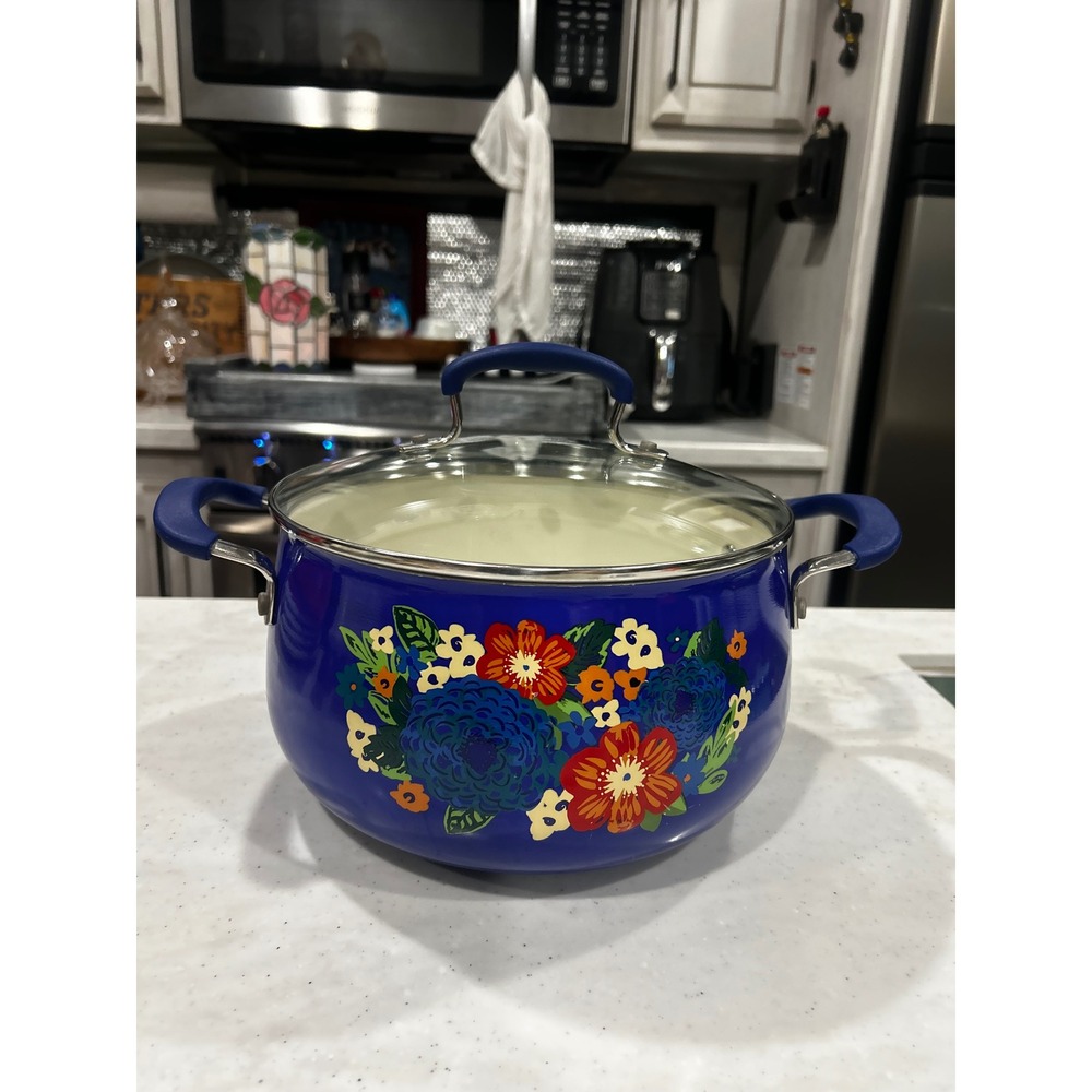 The Pioneer Woman Blue Floral Enamel Aluminum Stockpot with Glass Lid 3012TBT